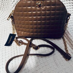 Bebe Brown Crossbody small zippered closure gold hardware quilted pvc leather